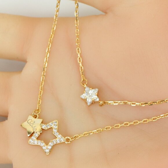 "Double-Layered Rose Gold Necklace with Sparkling Star Charms, XPNL0152 - Picture 1 of 14